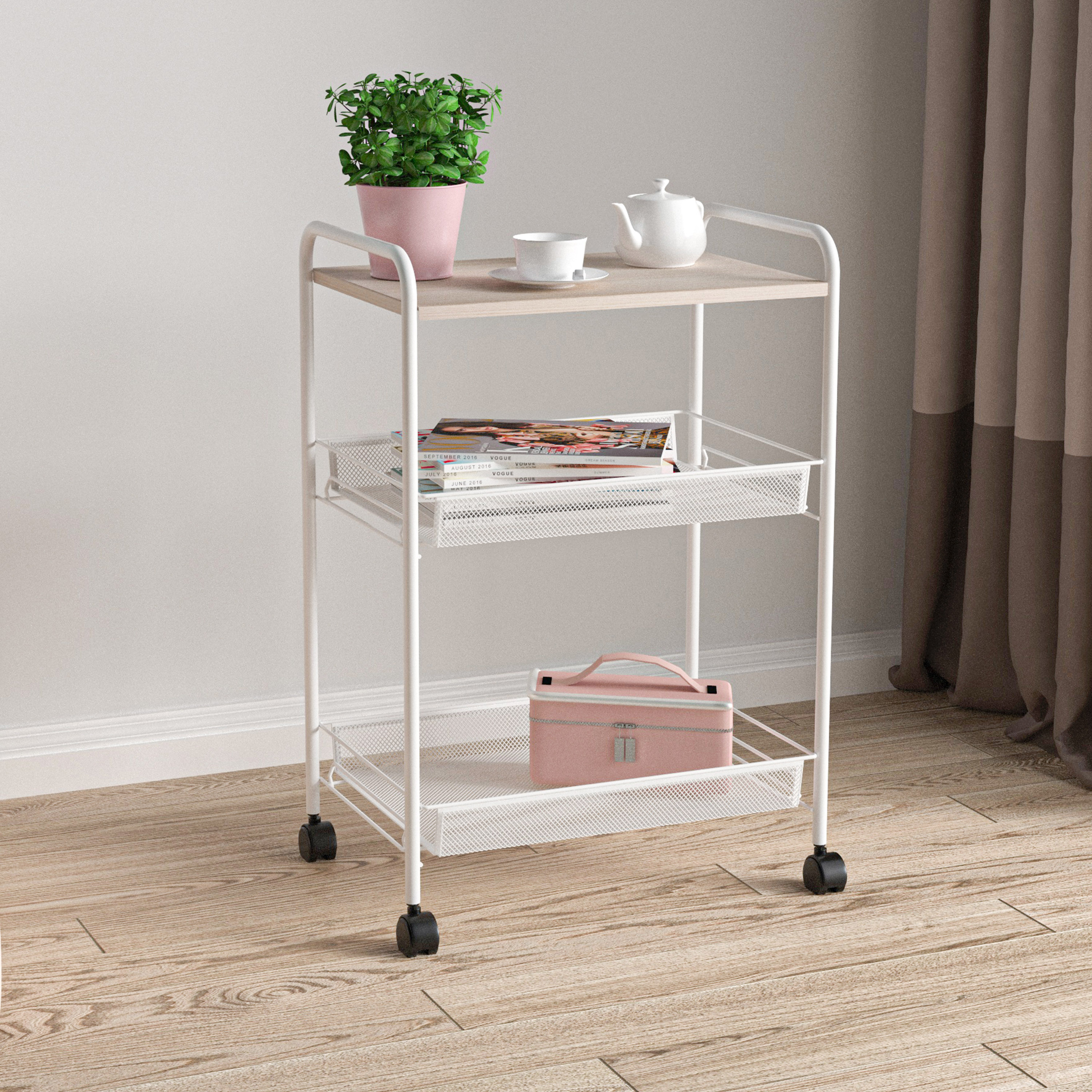 Этажерка "Ладья 33 КС 3-секц(колеса и стол под дер)Бел